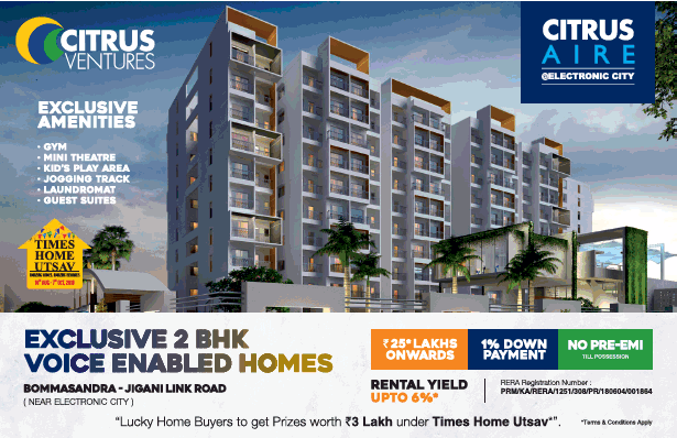 Pay 1% down payment & no pre-EMI till possession at Citrus Aire in Bangalore